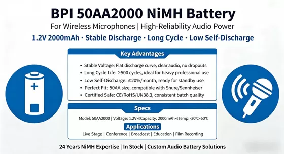 High-Reliability Wireless Microphone Battery: BPI NiMH Battery 50AA2000